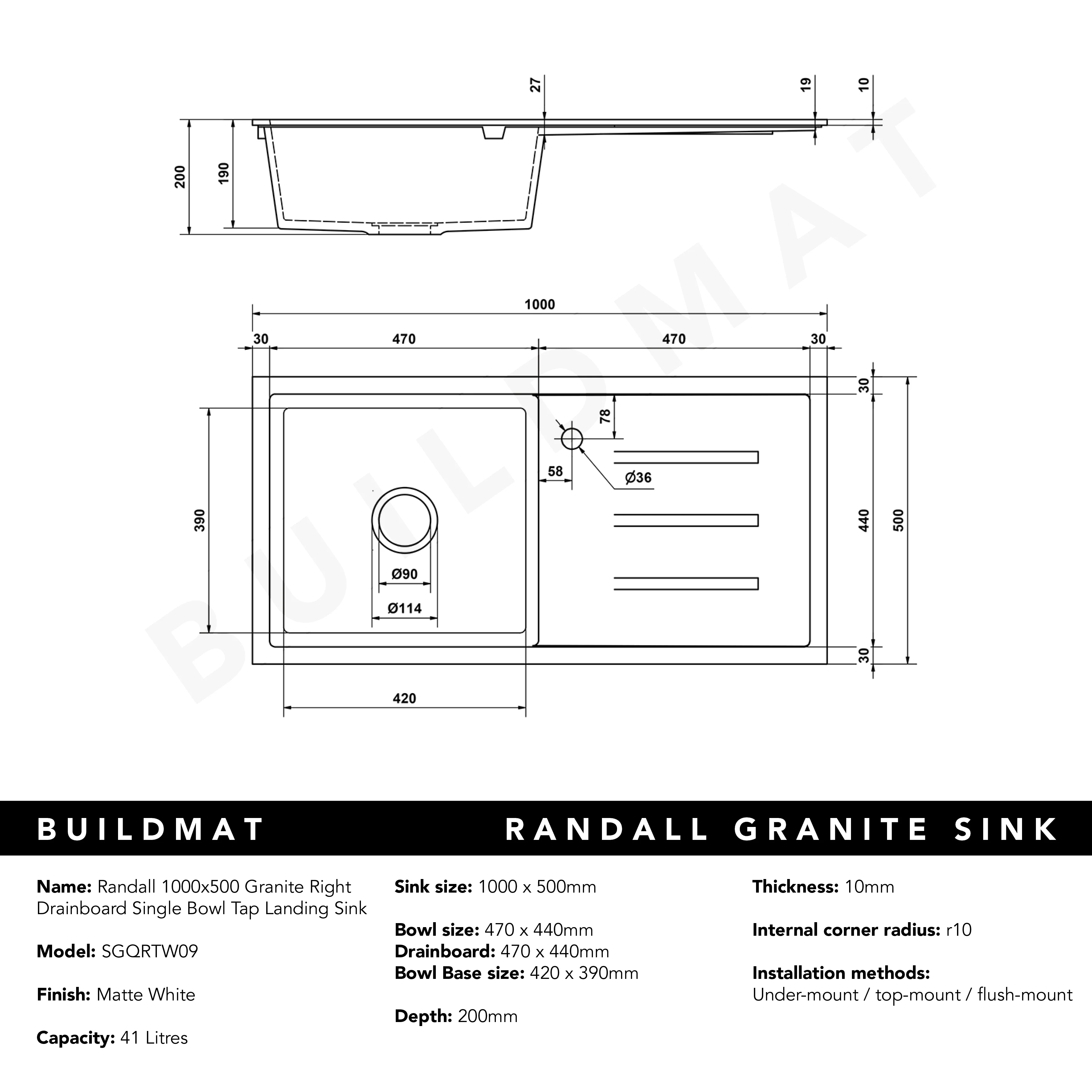 Alma Randall 1000x500 White Granite Right Drainboard Single Bowl Tap Landing Sink - Image 8