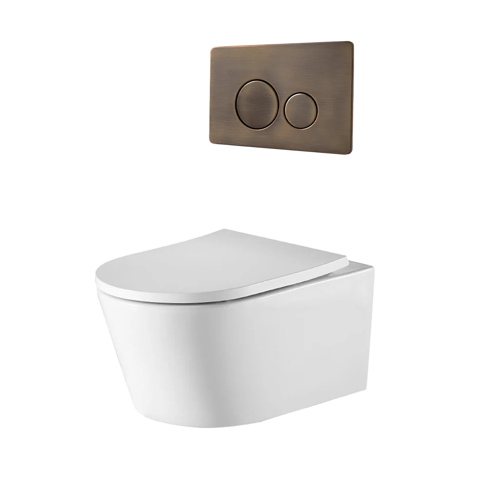 Alma Vintage Antique Brass Wall Hung Rimless Toilet Suite with Circle Buttons