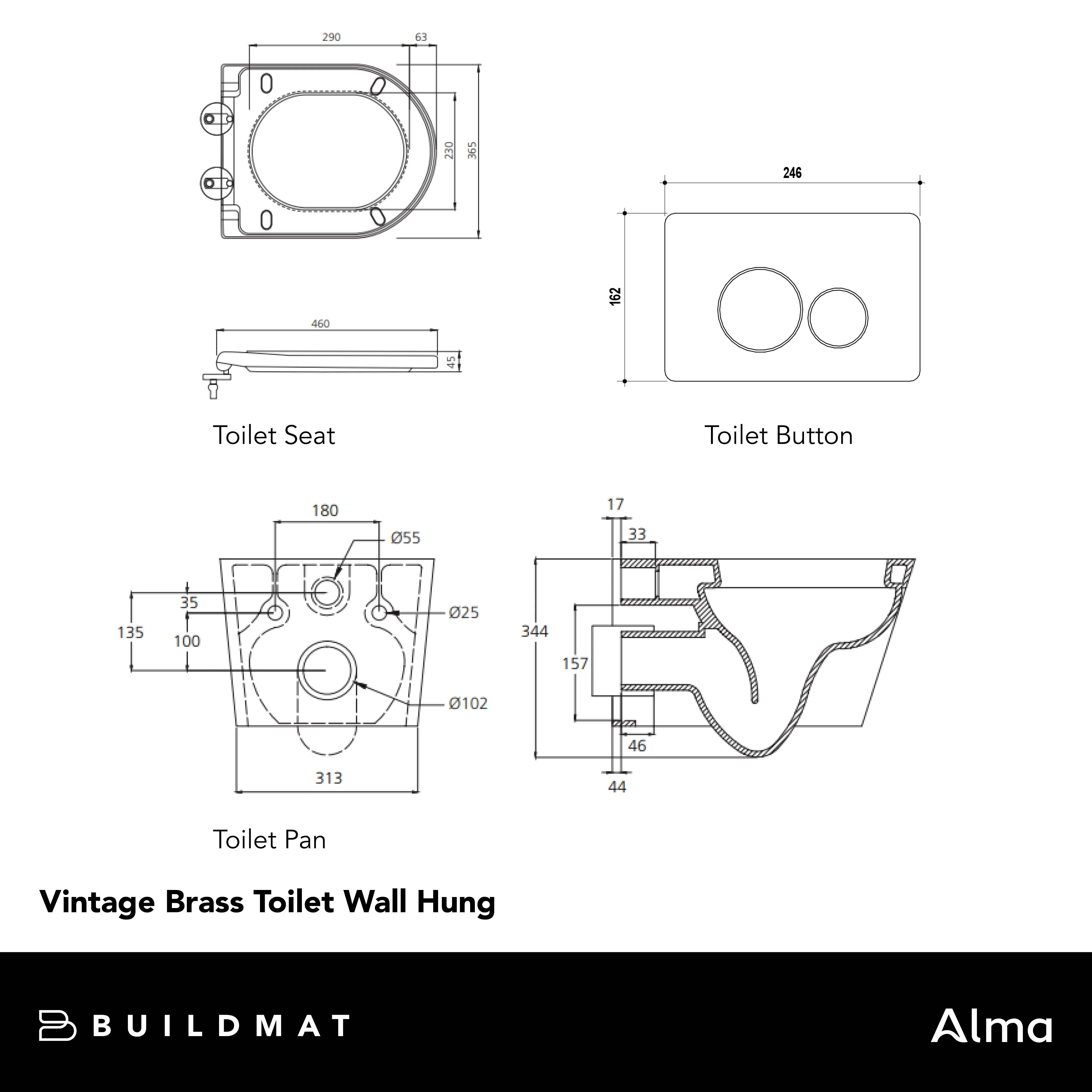 Alma Vintage Antique Brass Wall Hung Rimless Toilet Suite with Circle Buttons - Image 5