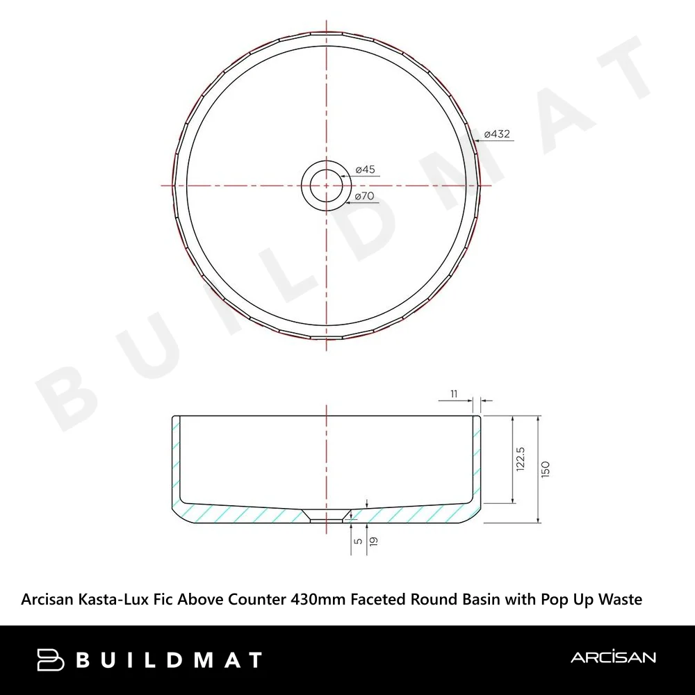 Arcisan Kasta-Lux Fic Above Counter 430mm Faceted Round Basin with Pop Up Waste White Stone - Image 4