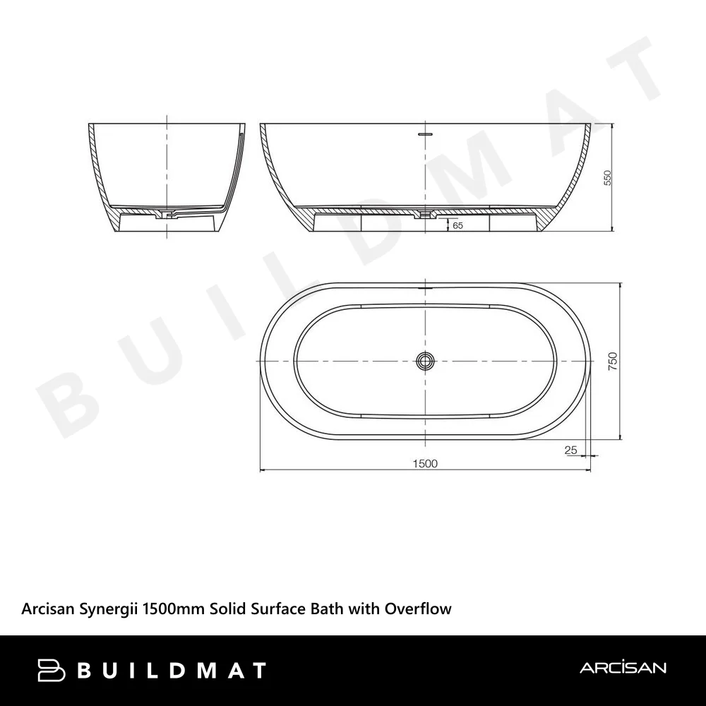 Arcisan Synergii 1500mm Solid Surface Bath with Overflow Matte Black White Interior - Image 4