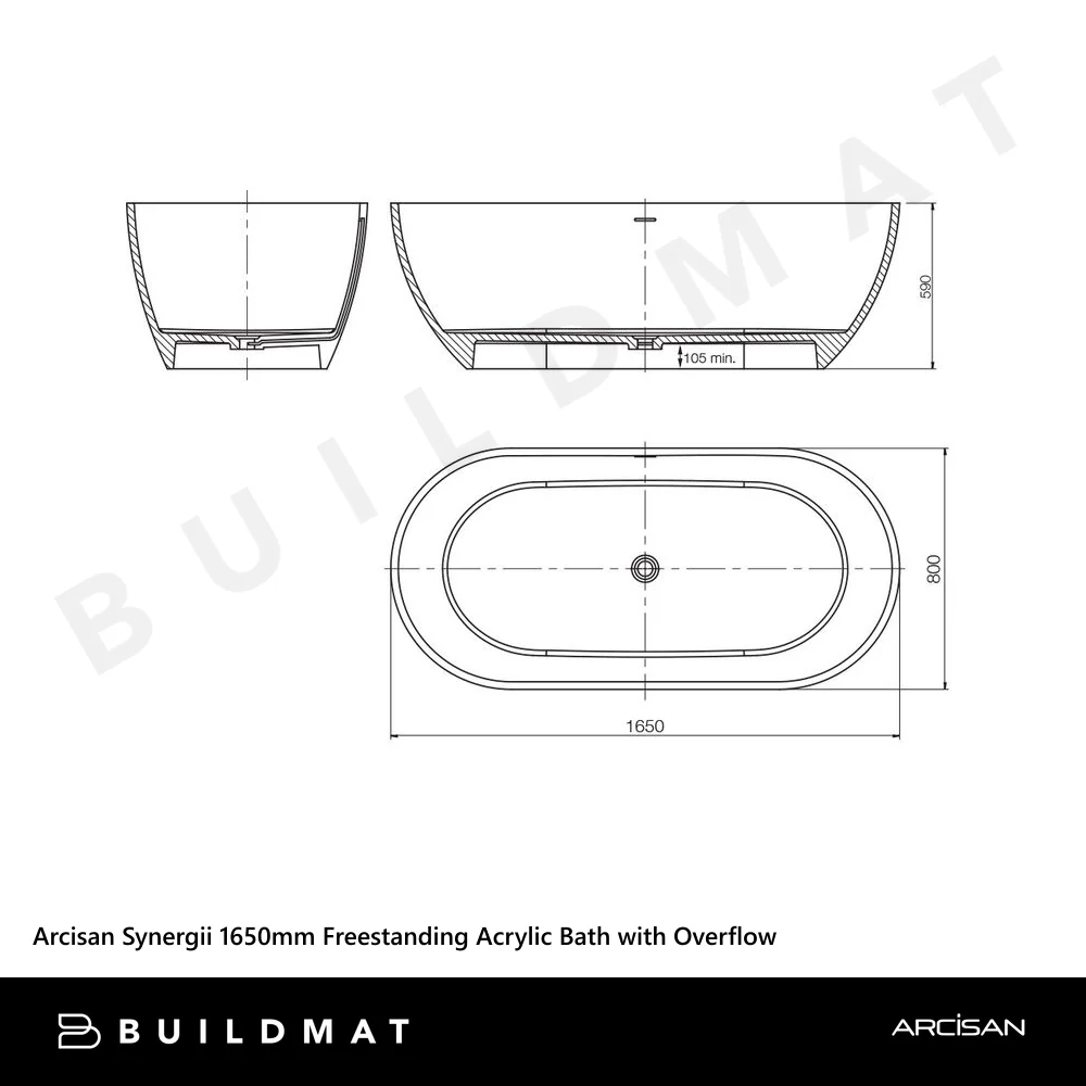 Arcisan Synergii 1650mm Freestanding Acrylic Bath with Overflow Gloss White - Image 4