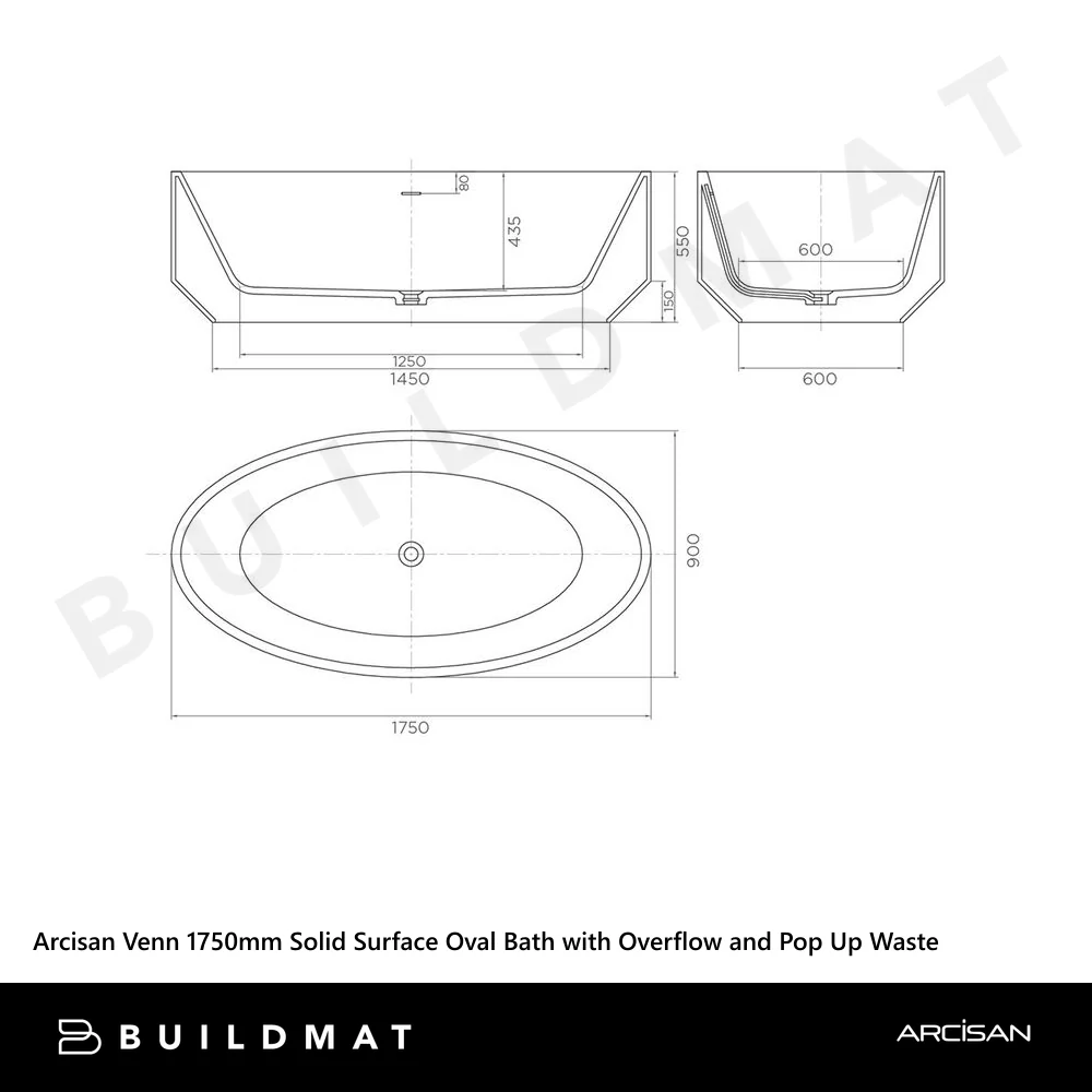 Arcisan Venn 1750mm Solid Surface Oval Bath with Overflow and Pop Up Waste Matte White - Image 4