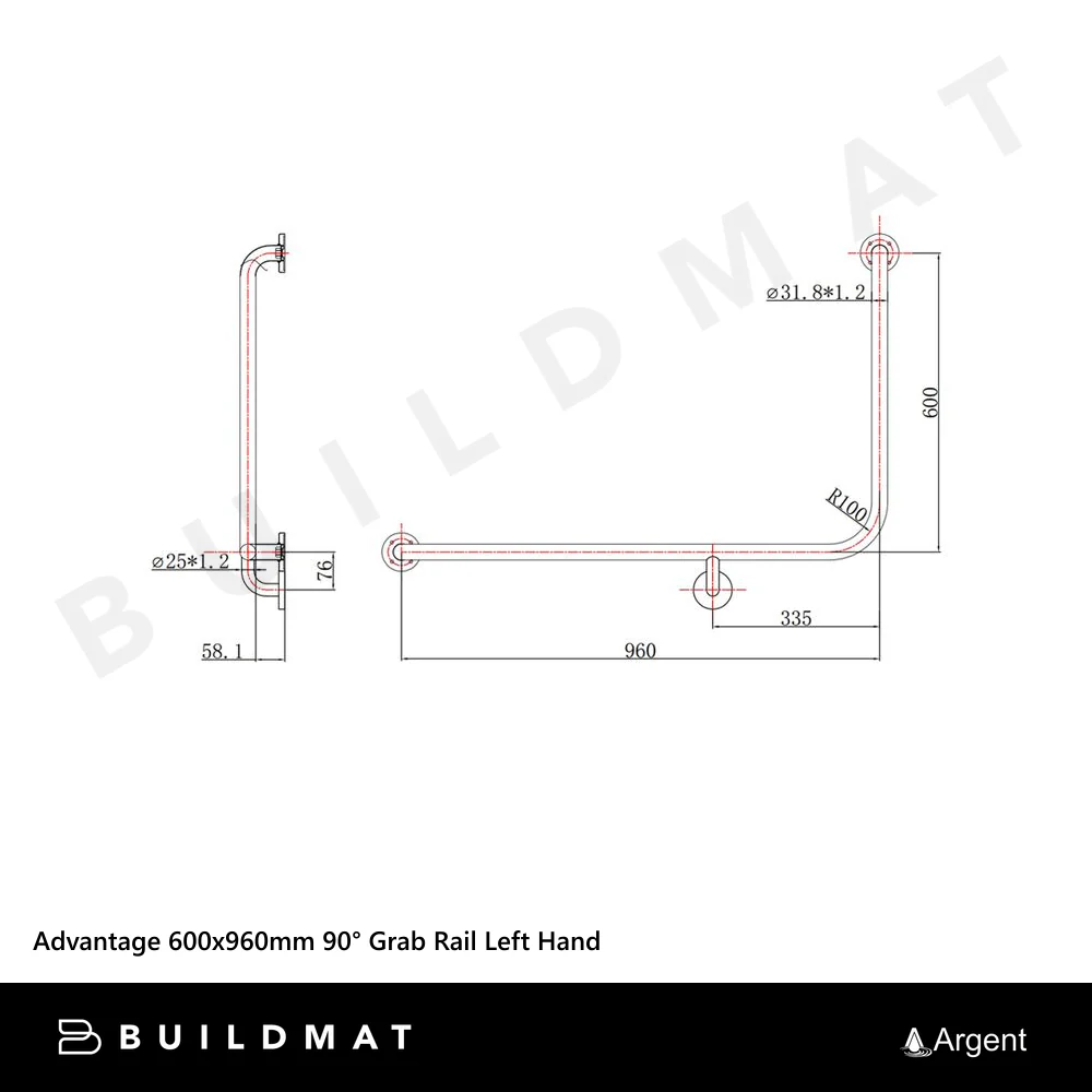 Argent Advantage 600x960mm 90 degree Grab Rail Left Hand Matte Black - Image 4