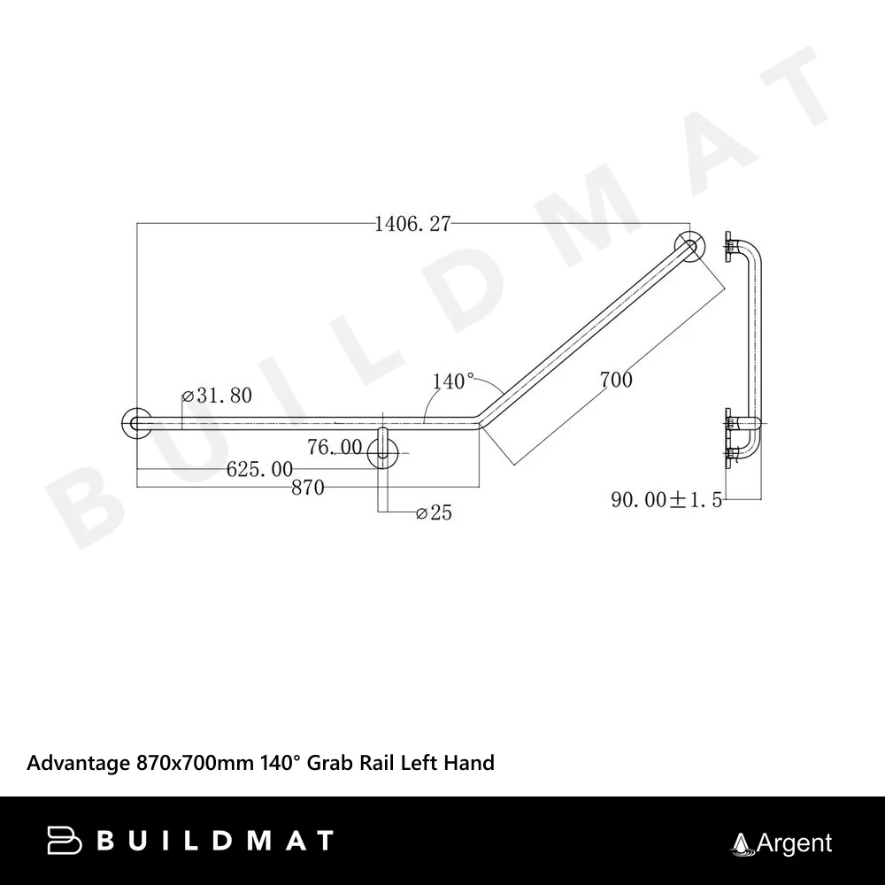 Argent Advantage 870x700mm 140 degree Grab Rail Left Hand Matte Black - Image 4