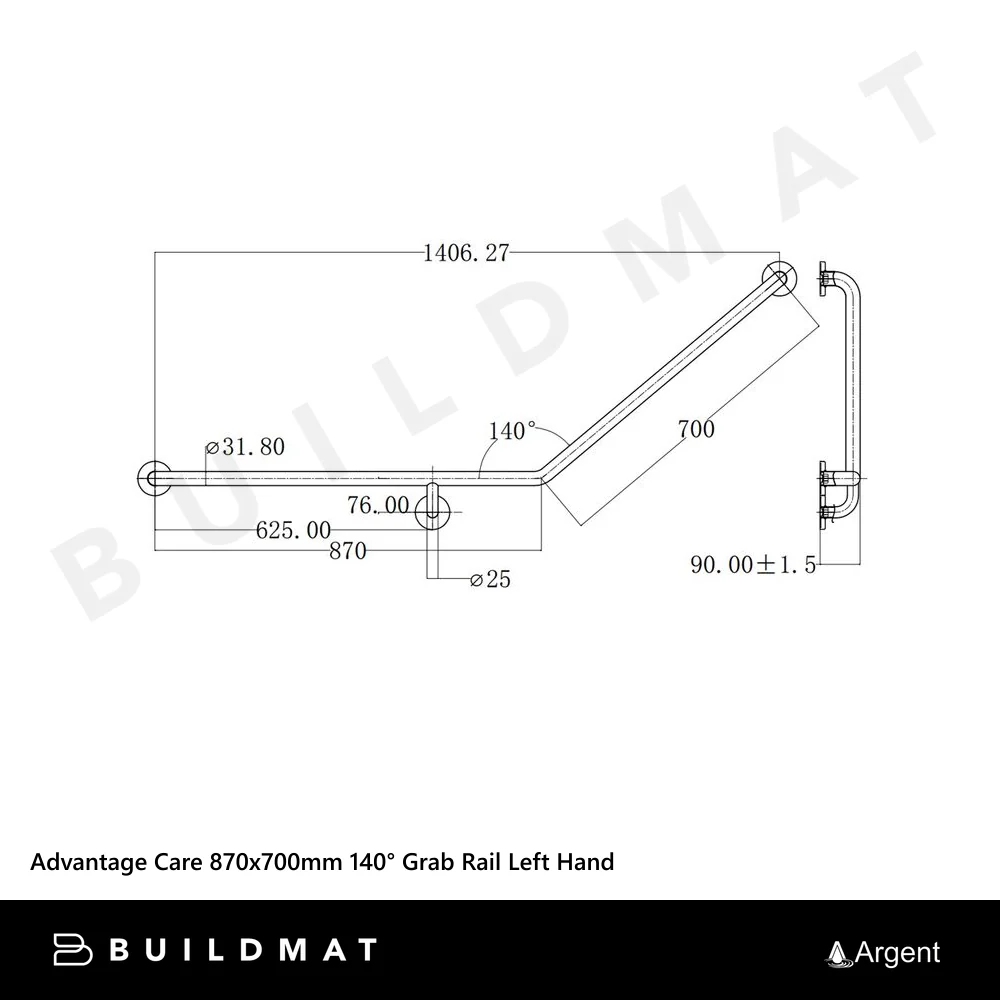 Argent Advantage Care 870x700mm 140 degree Grab Rail Left Hand Stainless Steel - Image 4