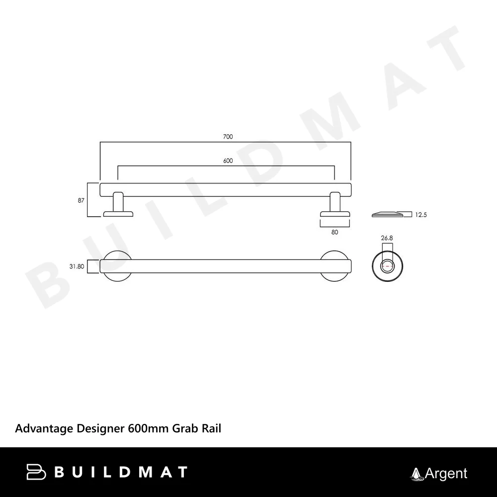 Argent Advantage Designer 600mm Grab Rail Brushed Nickel - Image 4