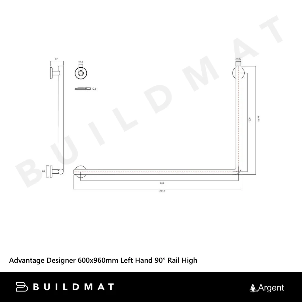 Argent Advantage Designer 600x960mm Left Hand 90 Degree Rail High Stainless Steel - Image 4