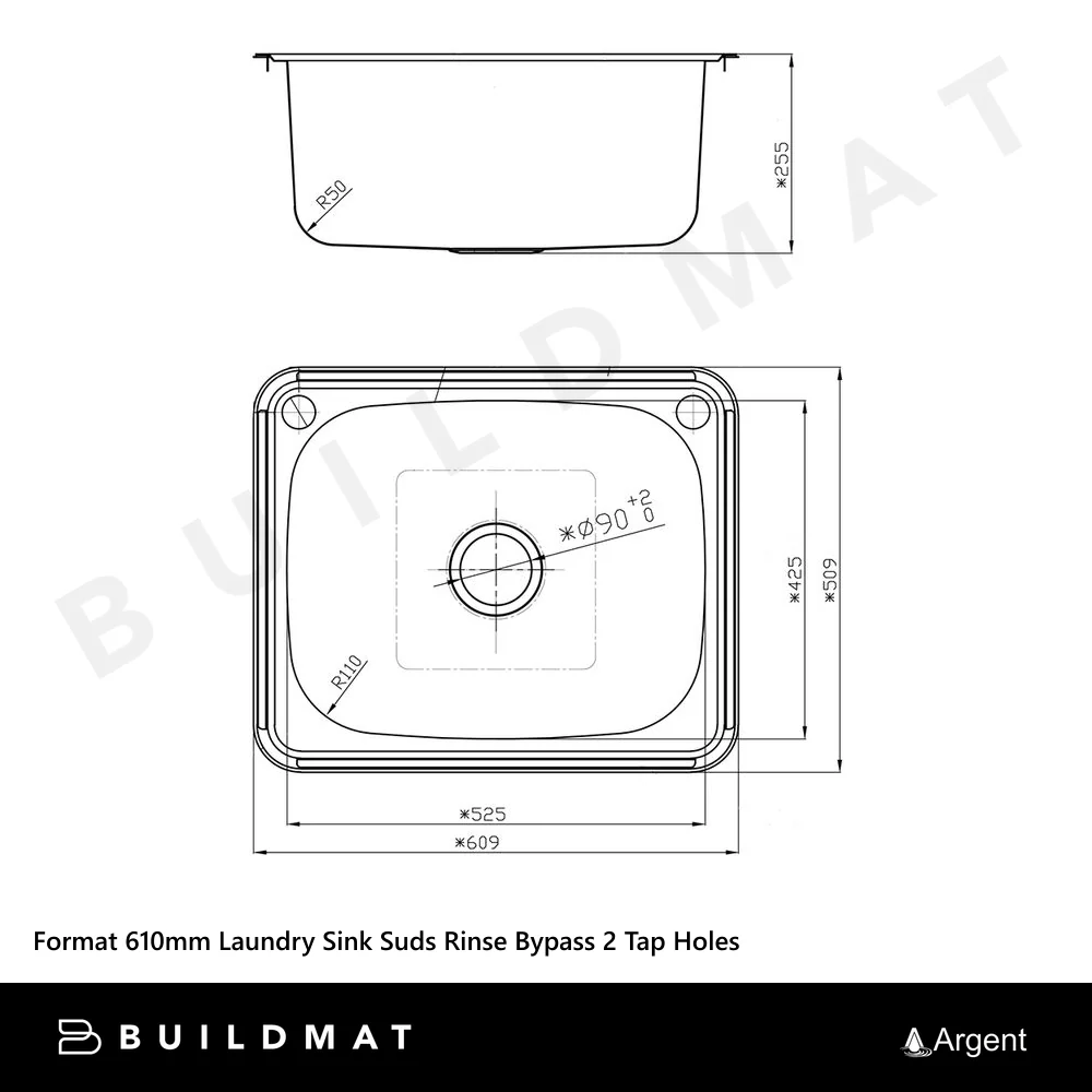 Argent Format 610mm Laundry Sink Suds Rinse Bypass 2 Tap Holes Stainless Steel - Image 4