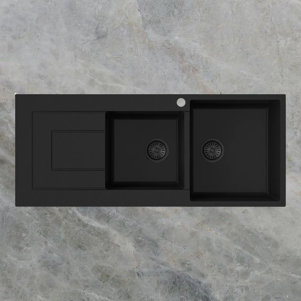 Argent Grace 1160mm 1 and 3/4 Granite Sink with Left Hand Drainboard 1 Tap Hole Matte Black - Image 2