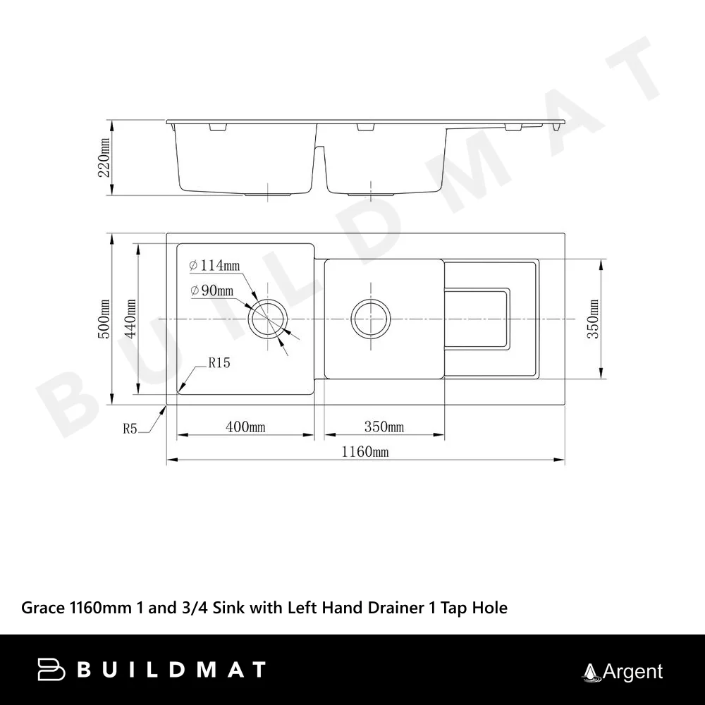 Argent Grace 1160mm 1 and 3/4 Granite Sink with Left Hand Drainboard 1 Tap Hole White - Image 4