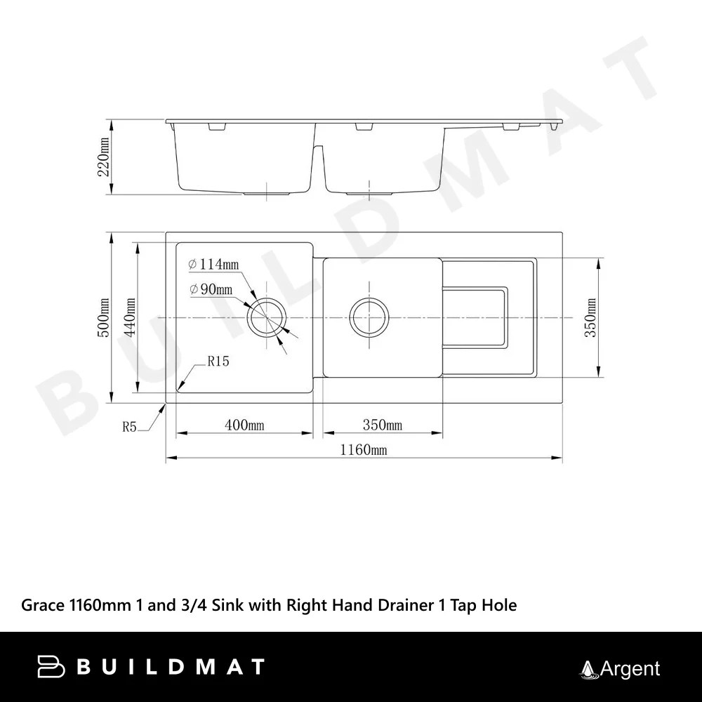Argent Grace 1160mm 1 and 3/4 Granite Sink with Right Hand Drainboard 1 Tap Hole Matte Black - Image 4