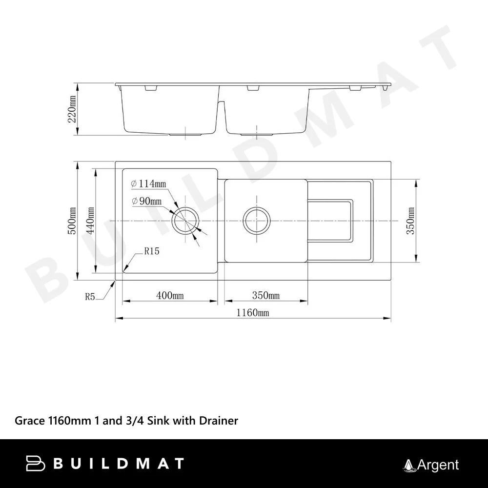 Argent Grace 1160mm 1 and 3/4 Granite Sink with Right Hand Drainboard White - Image 4
