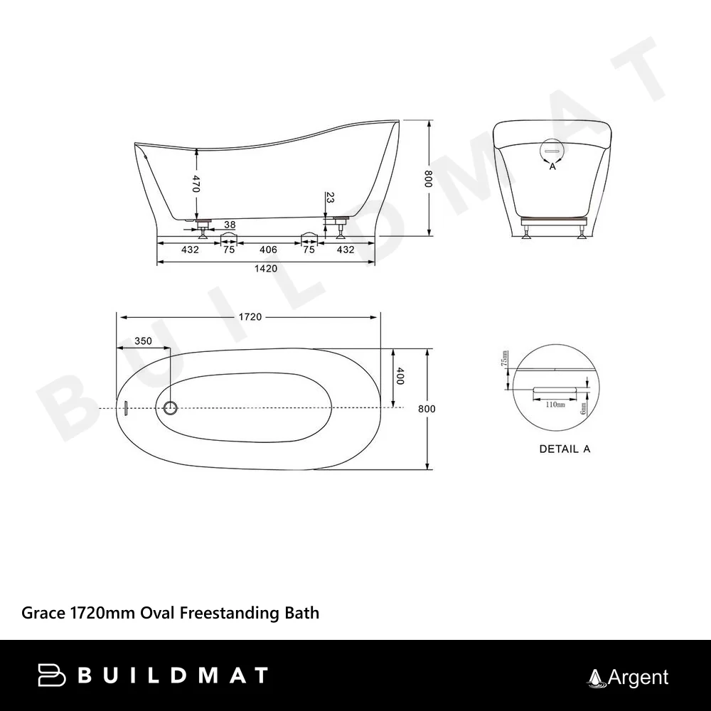 Argent Grace 1720mm Oval Freestanding Bath White - Image 4