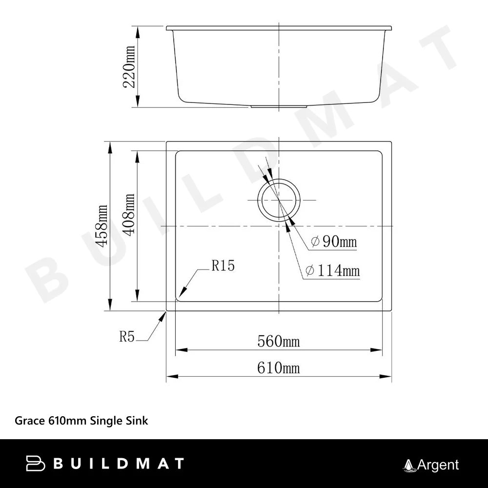 Argent Grace 610mm Single Bowl Granite Sink Matte Black - Image 4