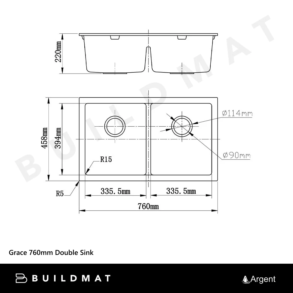 Argent Grace 760mm Double Bowl Granite Sink White - Image 4