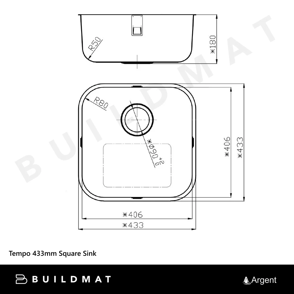 Argent Tempo 433mm Square Sink Stainless Steel - Image 4