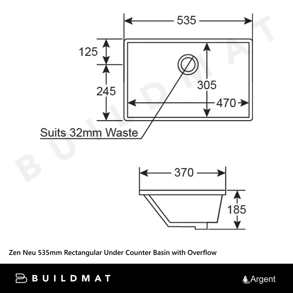 Argent Zen Neu 535mm Rectangular Under Counter Basin with Overflow Matte Black - Image 4