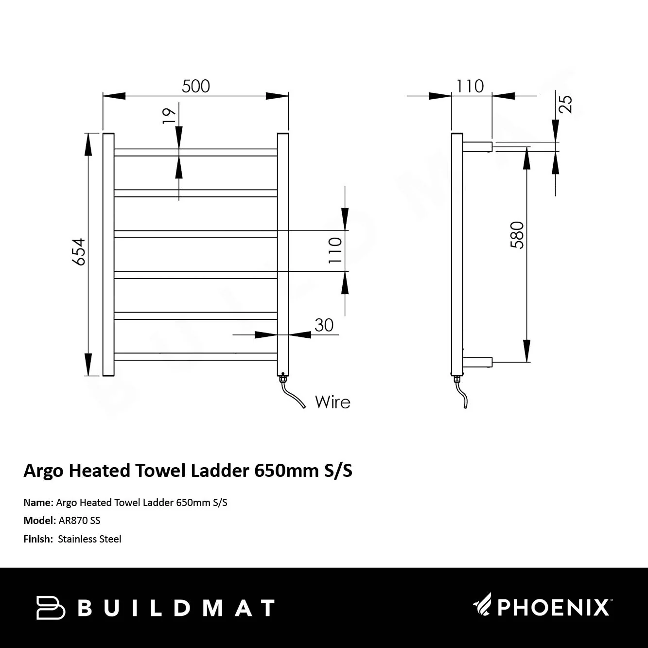 Phoenix Argo Heated Towel Ladder 650mm S/S - Image 4