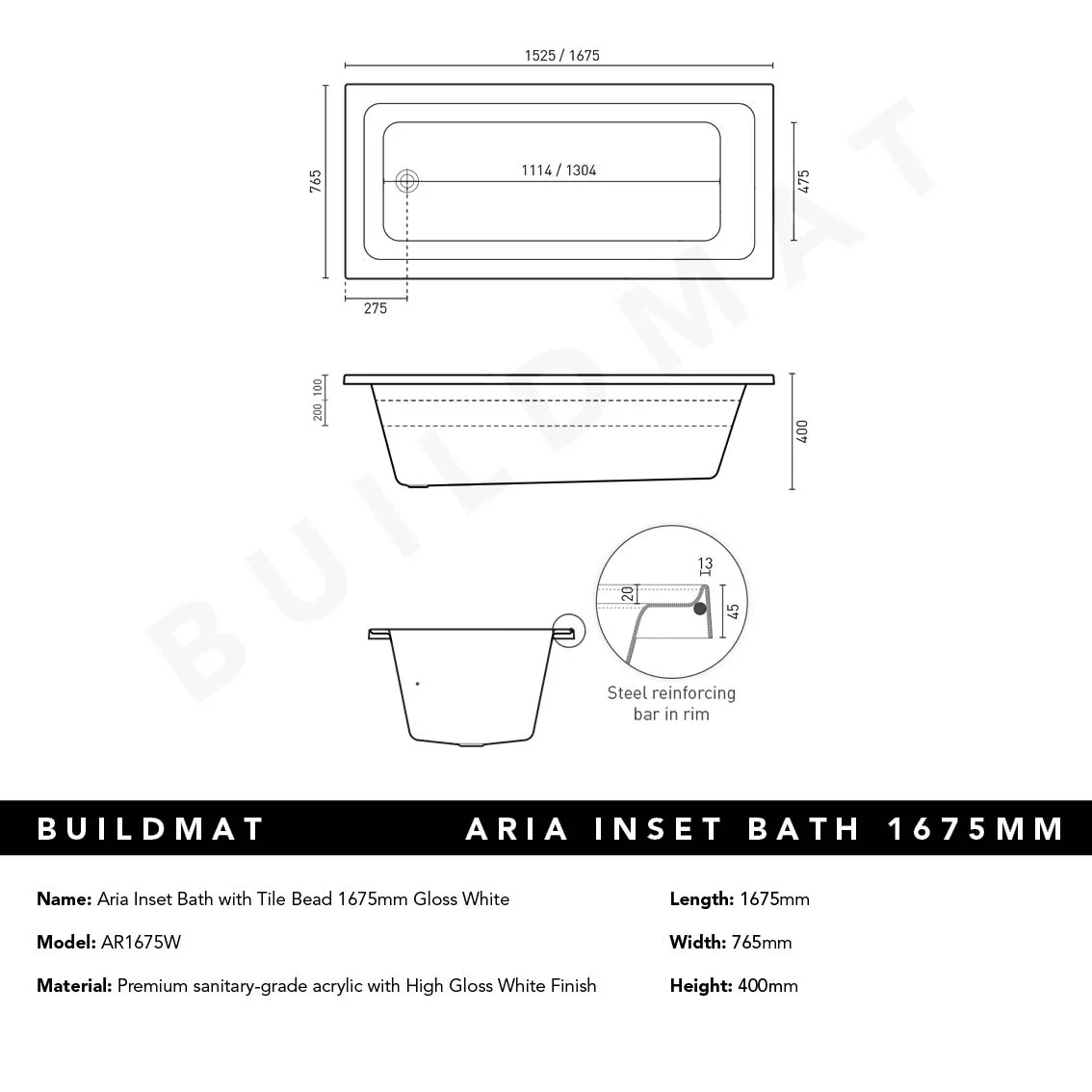 Decina Aria Inset Bath with Tile Bead Gloss White 1675mm - Image 4