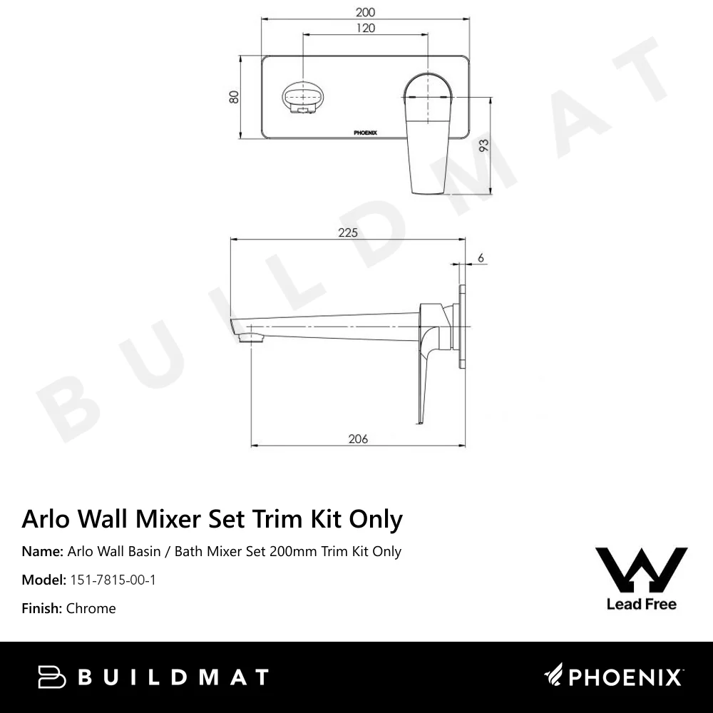 Phoenix Arlo Wall Basin / Bath Mixer Set 200mm (Trim Kit Only) Lead Free 6 Star Chrome - Image 4