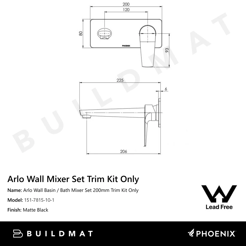 Phoenix Arlo Wall Basin / Bath Mixer Set 200mm (Trim Kit Only) Lead Free Matte Black - Image 4