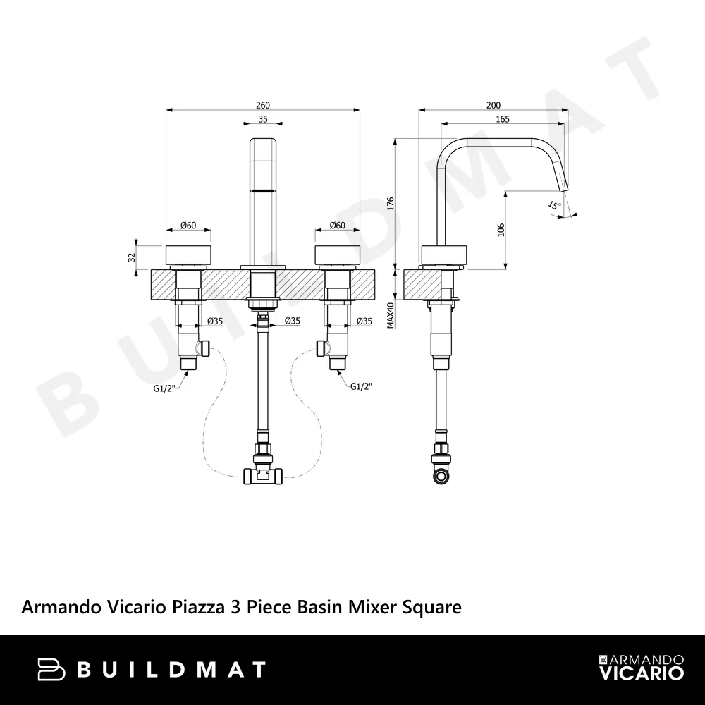 Armando Vicario Piazza 3 Piece Basin Mixer Square Black - Image 4