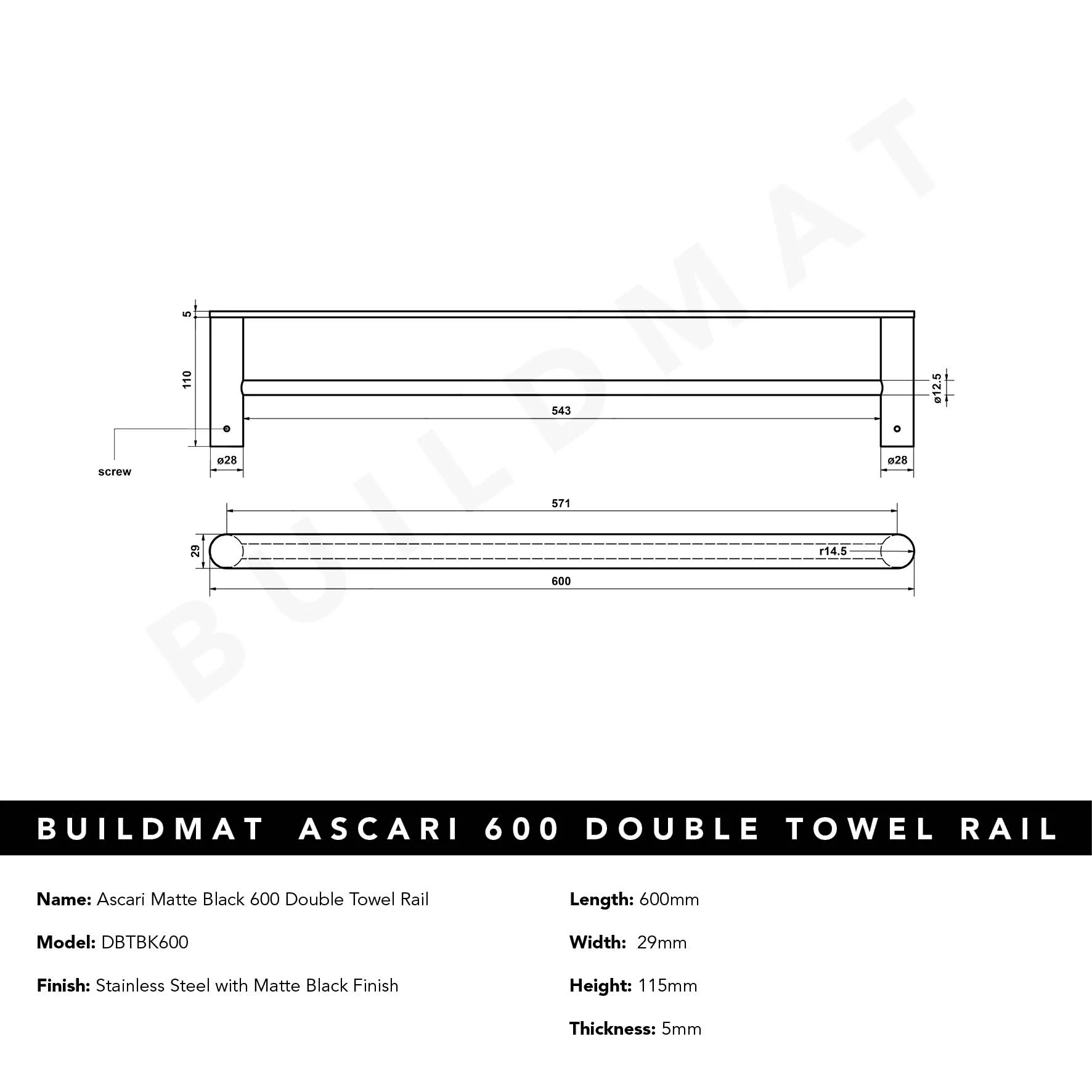 Alma Ascari Matte Black 600 Double Towel Rail - Image 6