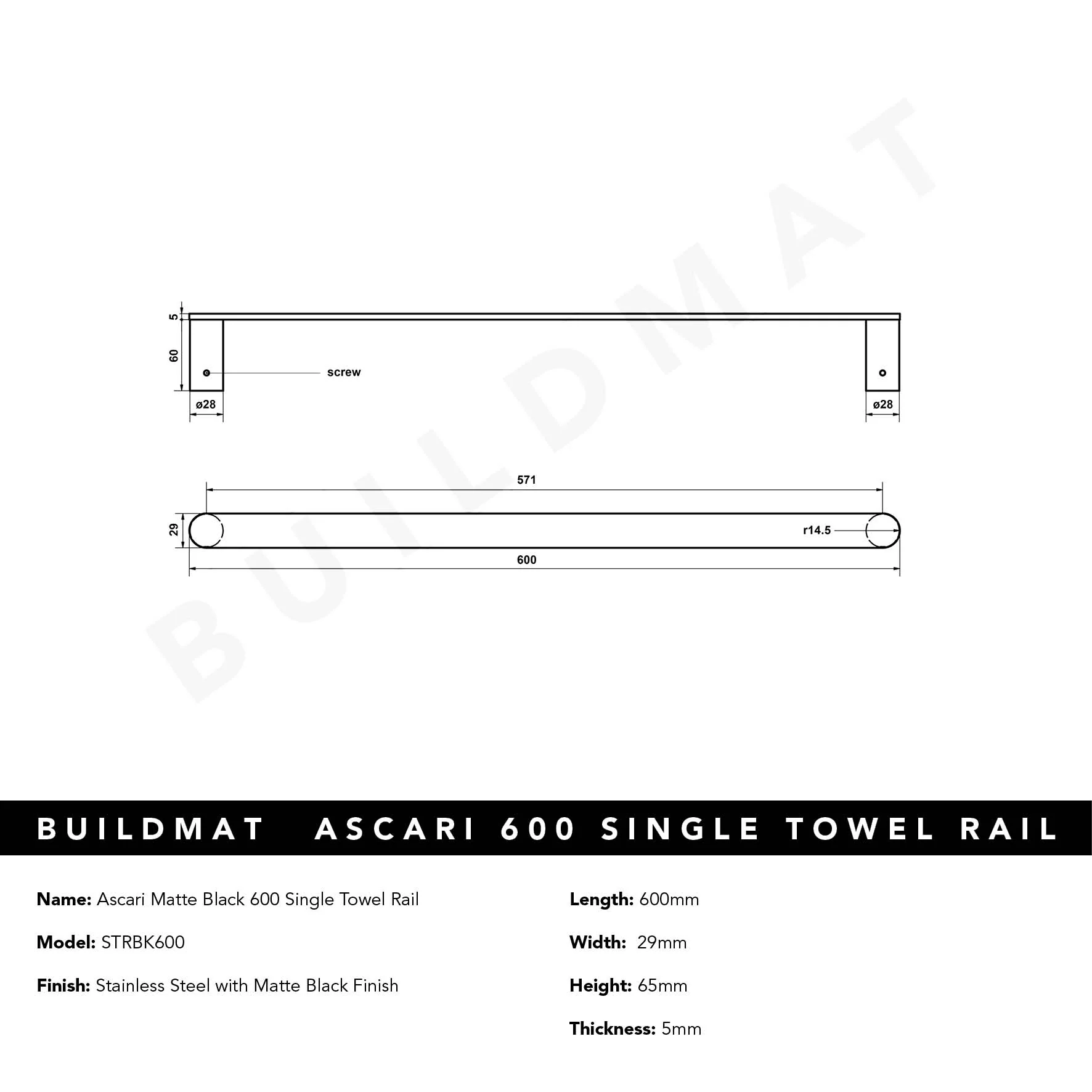 Alma Ascari Matte Black 600 Single Towel Rail - Image 6