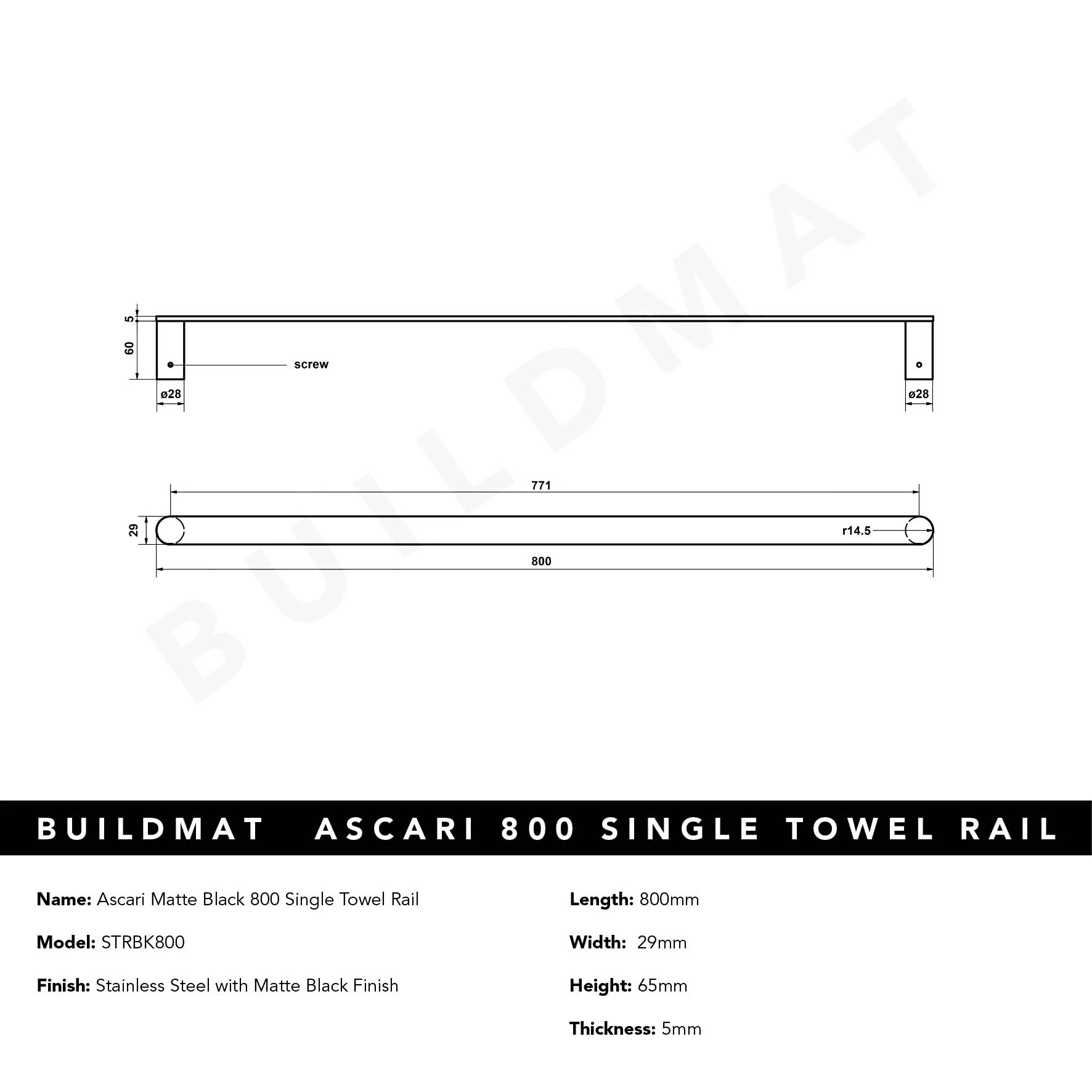 Alma Ascari Matte Black 800 Single Towel Rail - Image 6