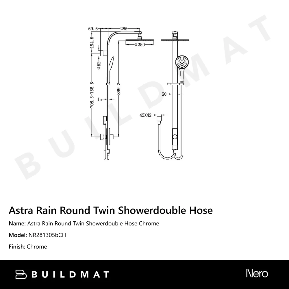Nero Astra Rain Round Twin Showerdouble Hose Chrome - Image 4
