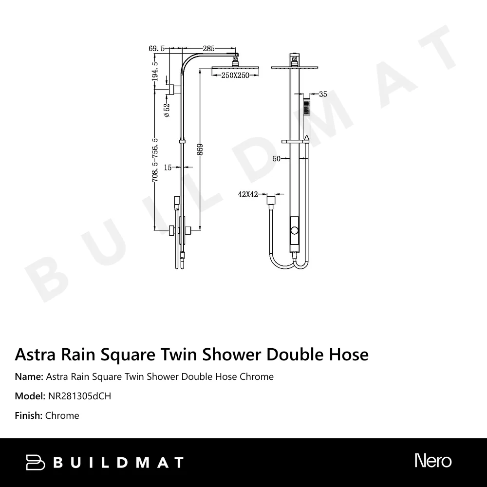 Nero Astra Rain Square Twin Shower Double Hose Chrome - Image 4
