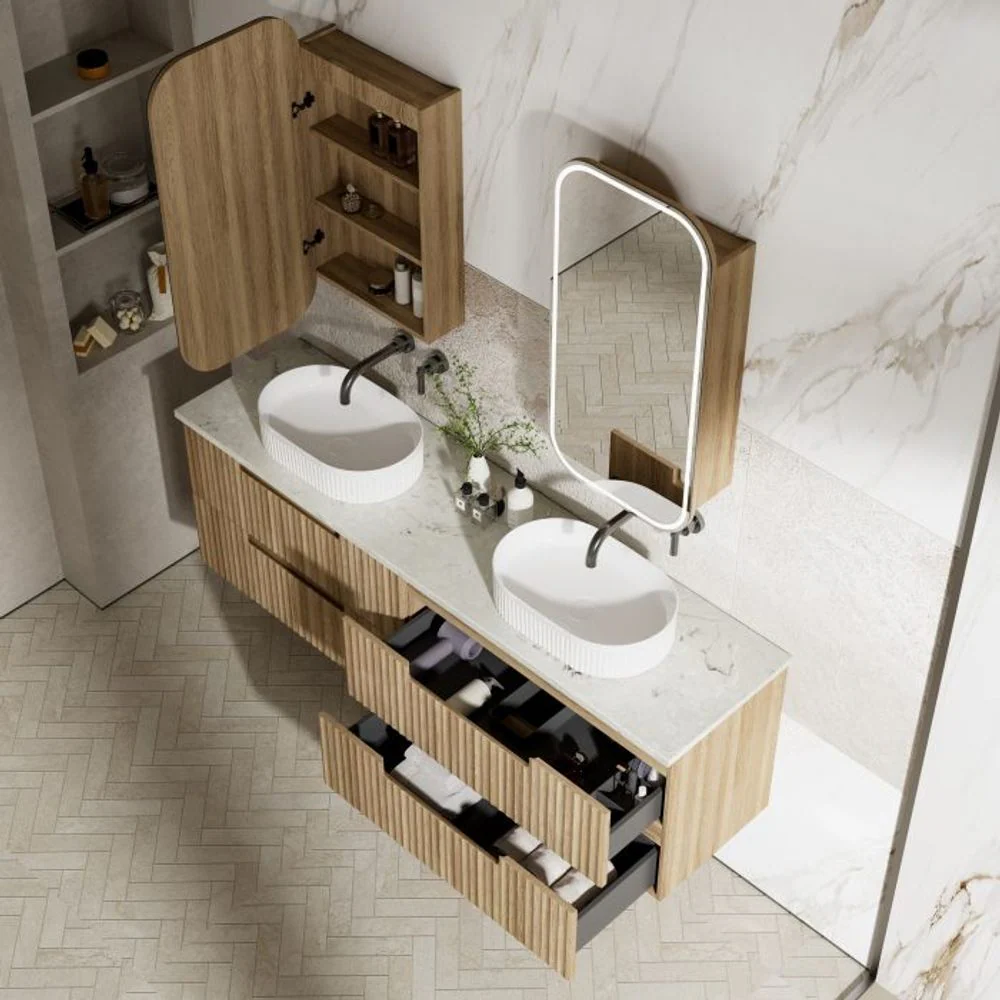 Aulic Lovina Tier Wall Hung 1500mm Harvest Oak Fluted Vanity - Image 3
