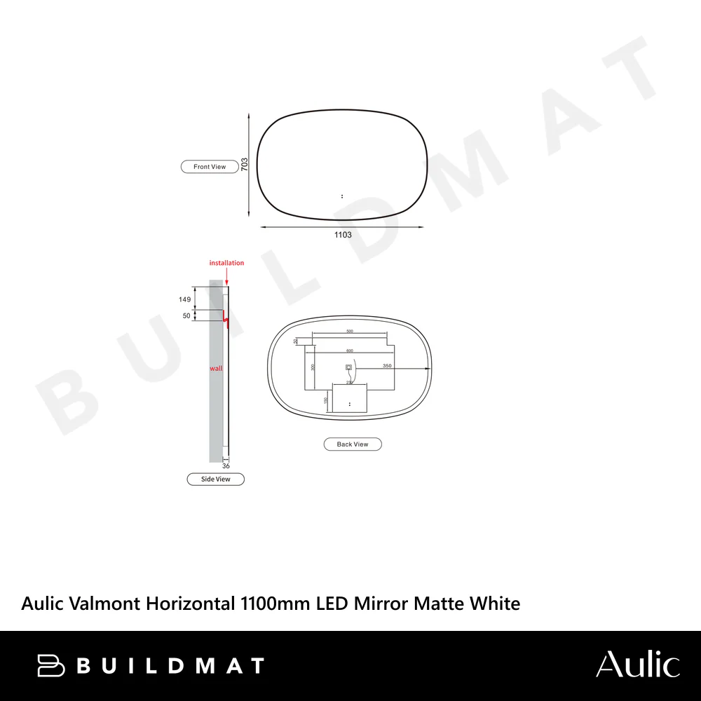 Aulic Valmont Horizontal 1100mm LED Mirror Matte White - Image 4