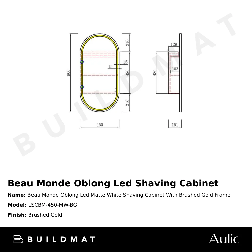 Aulic Beau Monde Oblong LED Matte White Shaving Cabinet With Brushed Gold Frame - Image 6
