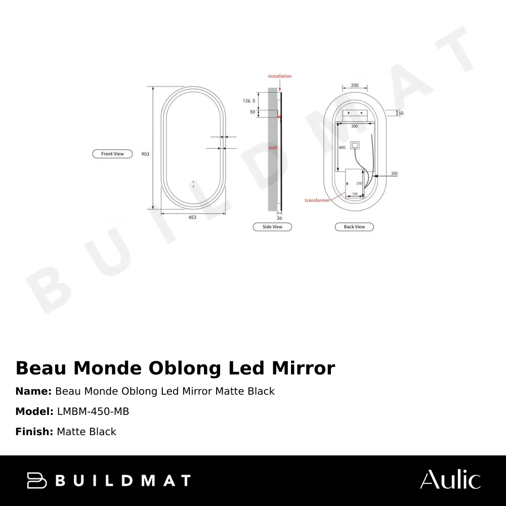 Aulic Beau Monde Oblong Pill LED Mirror Matte Black - Image 6