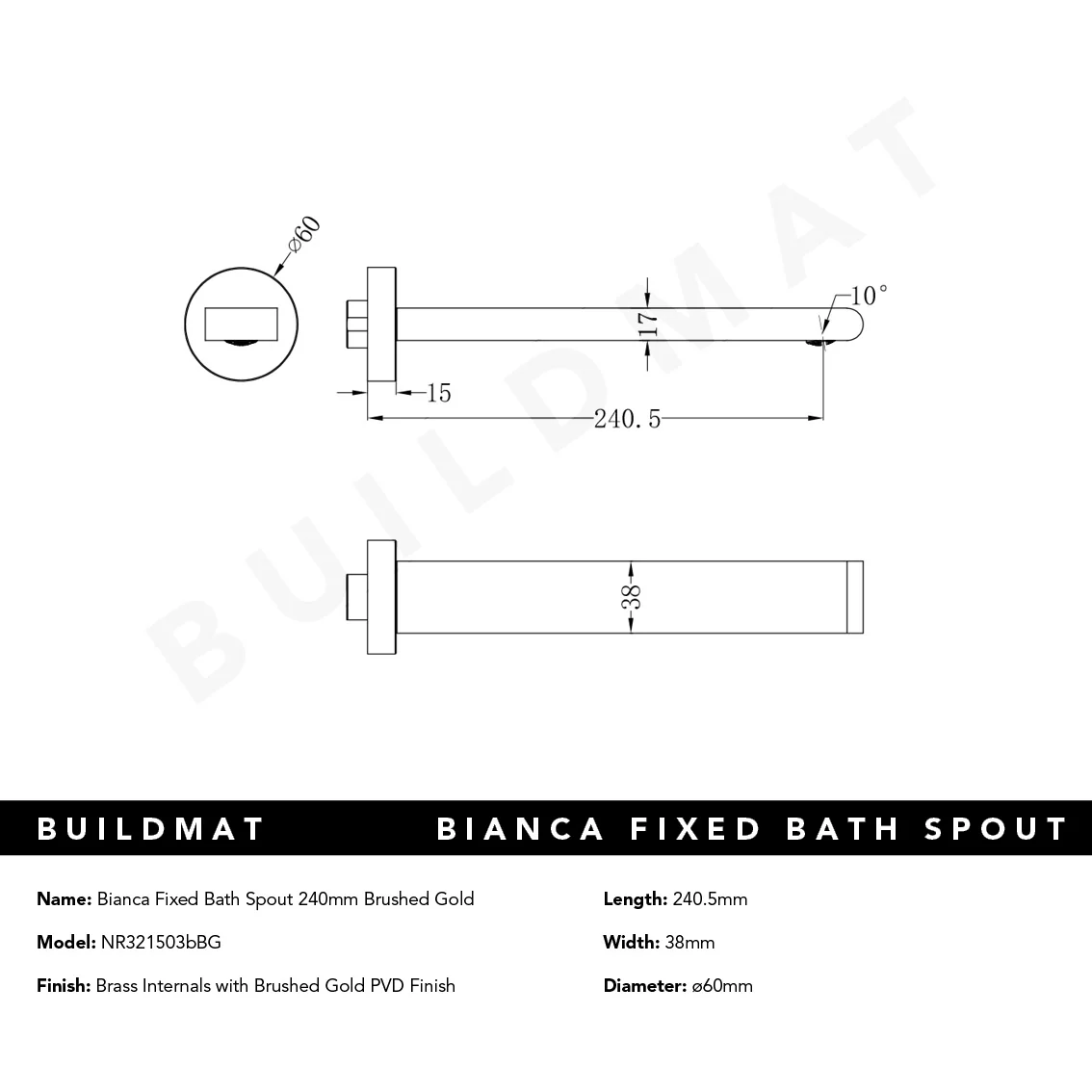 Nero Bianca Bath Spout 240mm Brushed Gold - Image 5