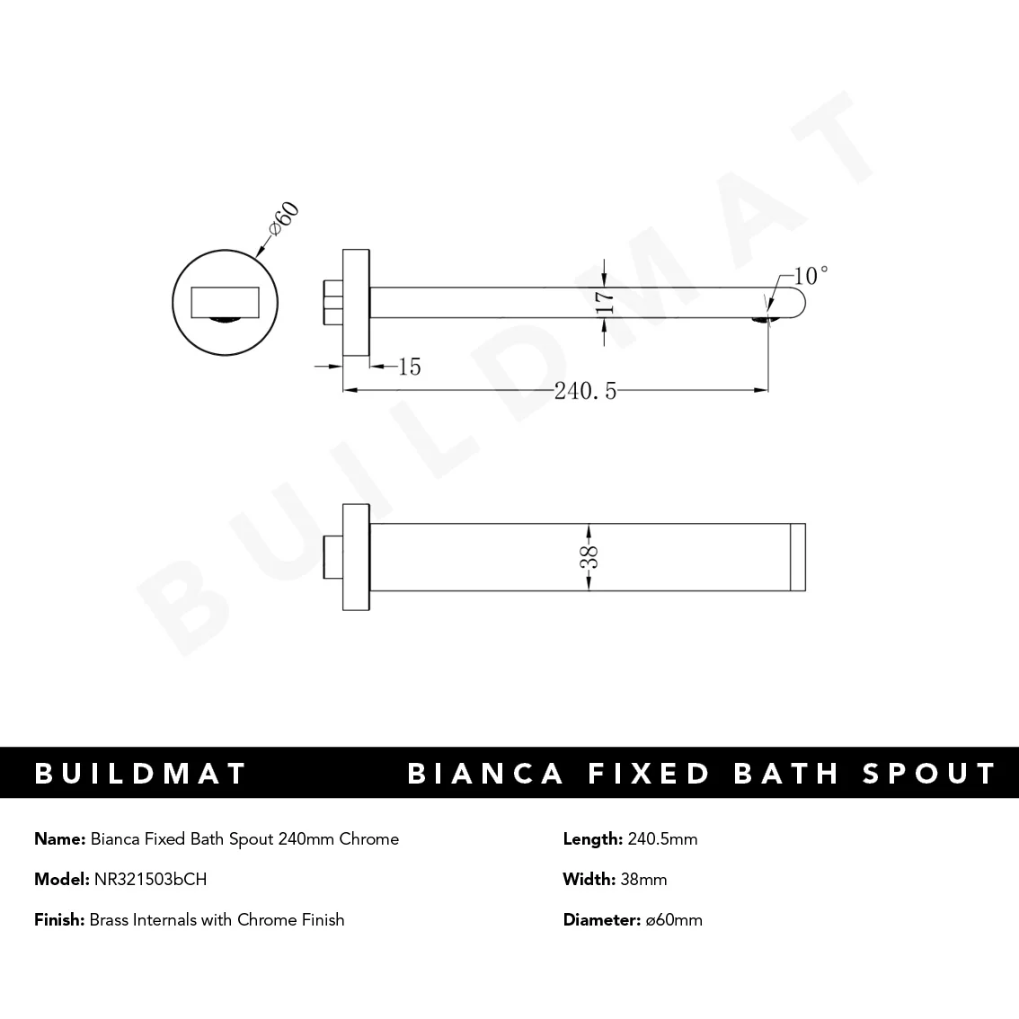 Nero Bianca Bath Spout 240mm Chrome - Image 5