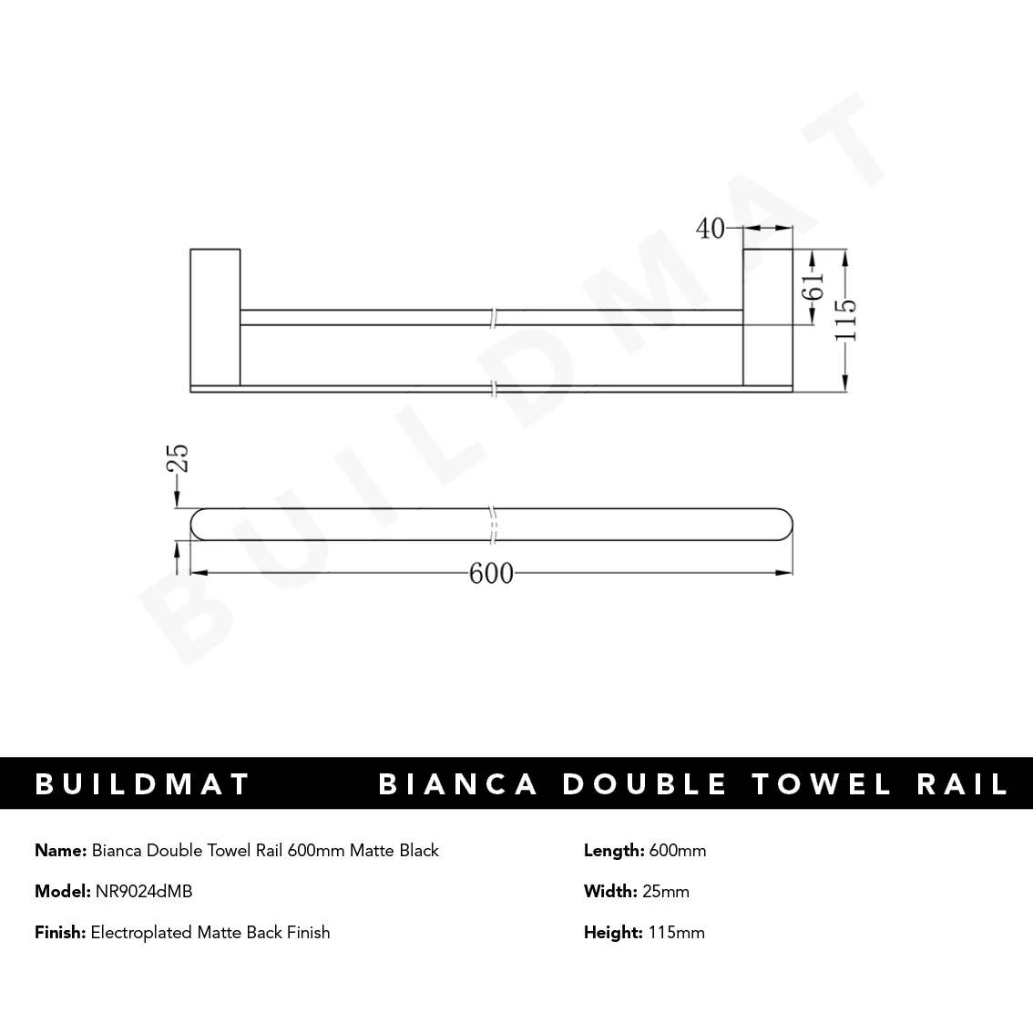 Nero Bianca Double Towel Rail 600mm Matte Black - Image 4