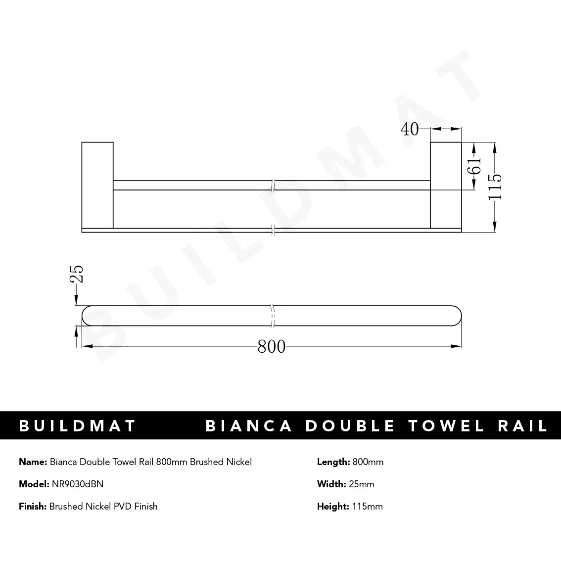 Nero Bianca Double Towel Rail 800mm Brushed Nickel - Image 5