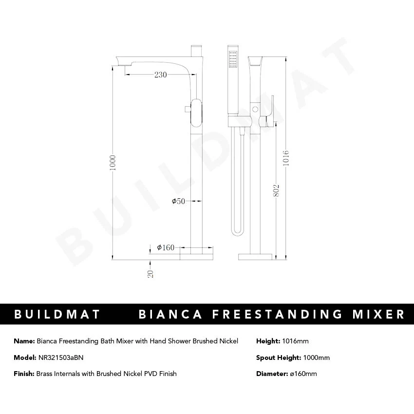 Nero Bianca Freestanding Bath Mixer with Hand Shower Brushed Nickel - Image 4