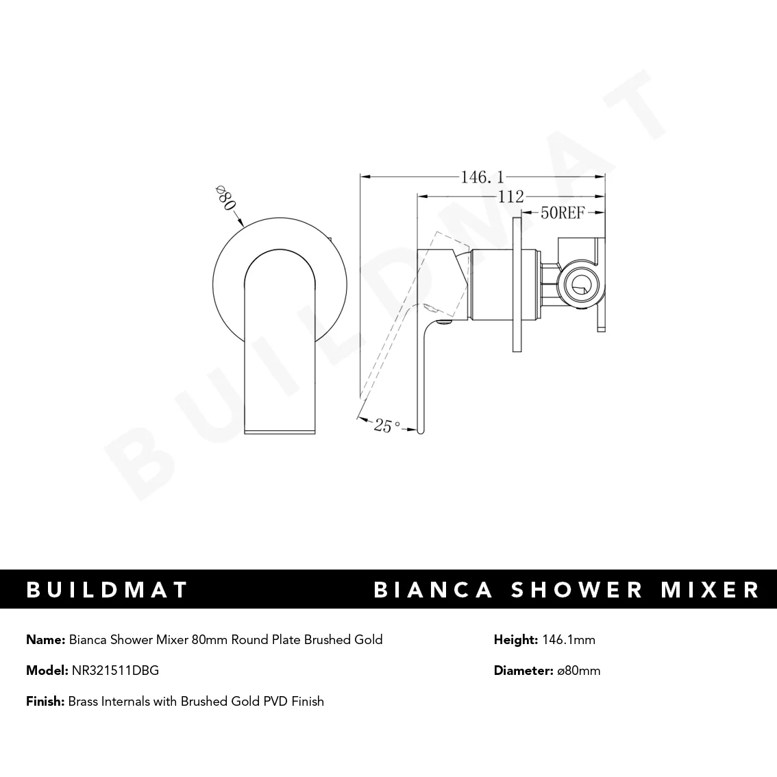 Nero Bianca Shower Mixer with 80mm Round Plate Brushed Gold - Image 5