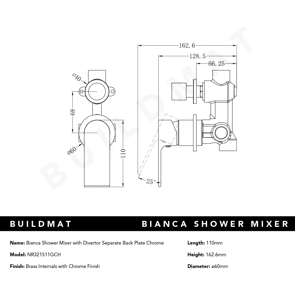 Nero Bianca Shower Mixer with Divertor Separate Back Plate Chrome - Image 5