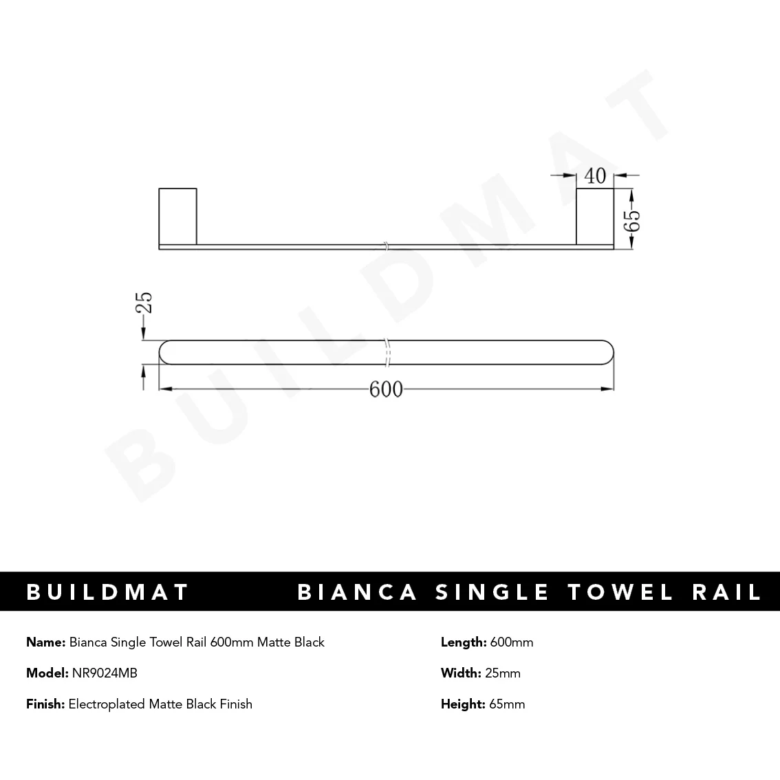 Nero Bianca Single Towel Rail 600mm Matte Black - Image 4
