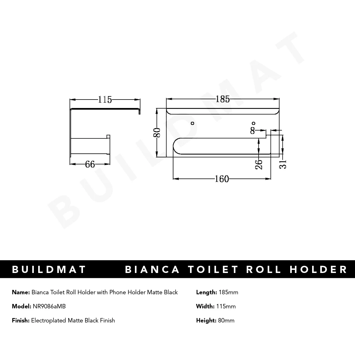 Nero Bianca Toilet Roll Holder with Phone Holder Matte Black - Image 5