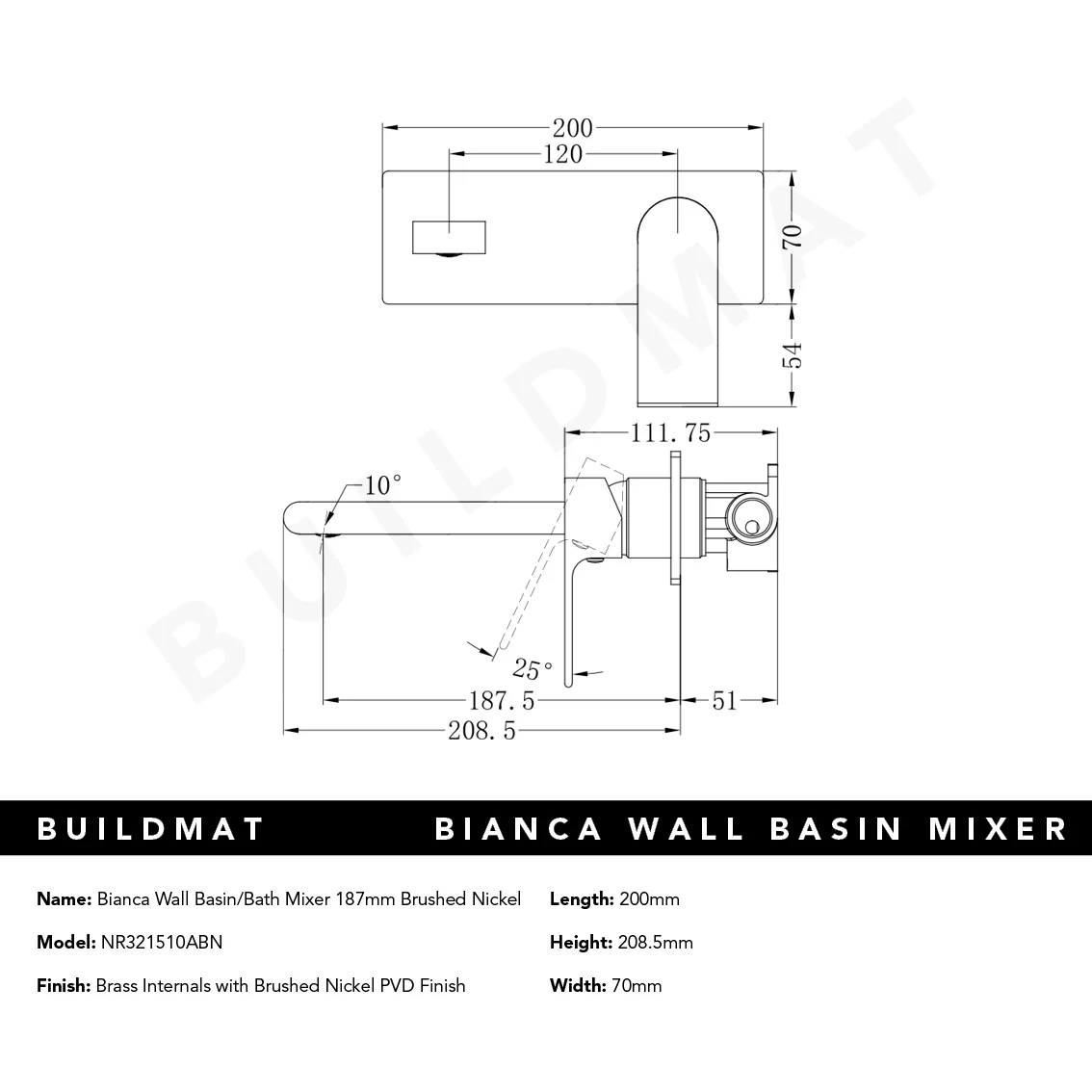 Nero Bianca Wall Basin/Bath Mixer 187mm Brushed Nickel - Image 6