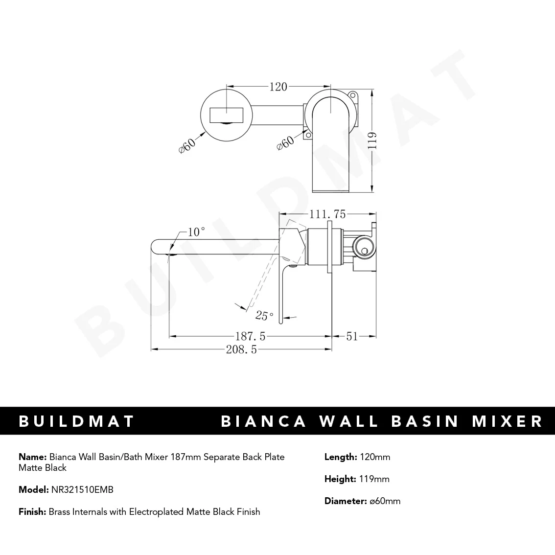 Nero Bianca Wall Basin/Bath Mixer Separate Back Plate 187mm Matte Black - Image 6