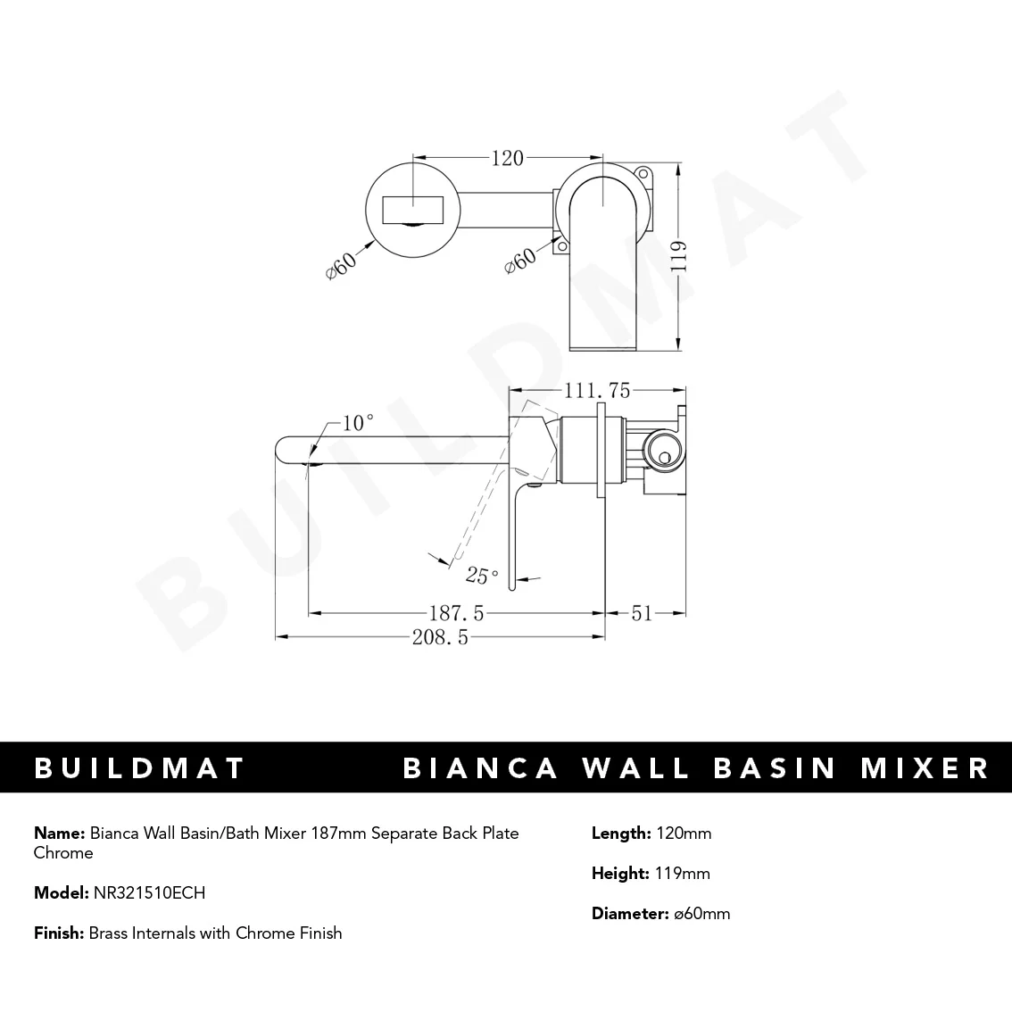 Nero Bianca Wall Basin/Bath Mixer Separate Backplate 187mm Chrome - Image 6