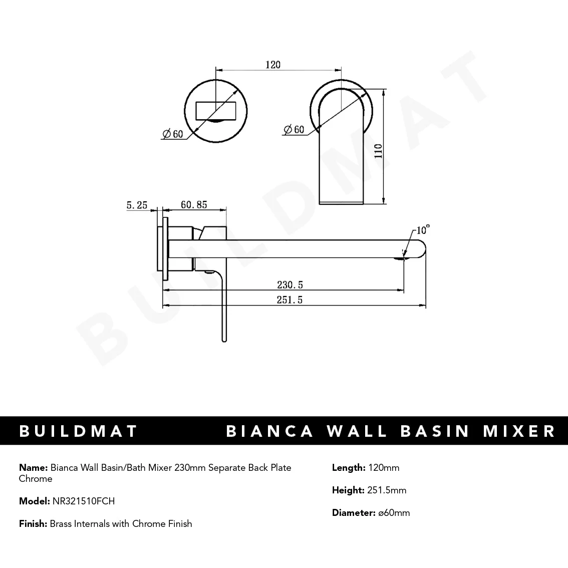 Nero Bianca Wall Basin/Bath Mixer Separate Backplate 230mm Chrome - Image 6