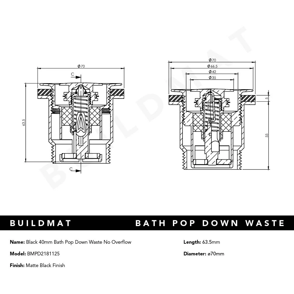 Art Australia Black 40mm Bath Pop Down Waste No Overflow - Image 4